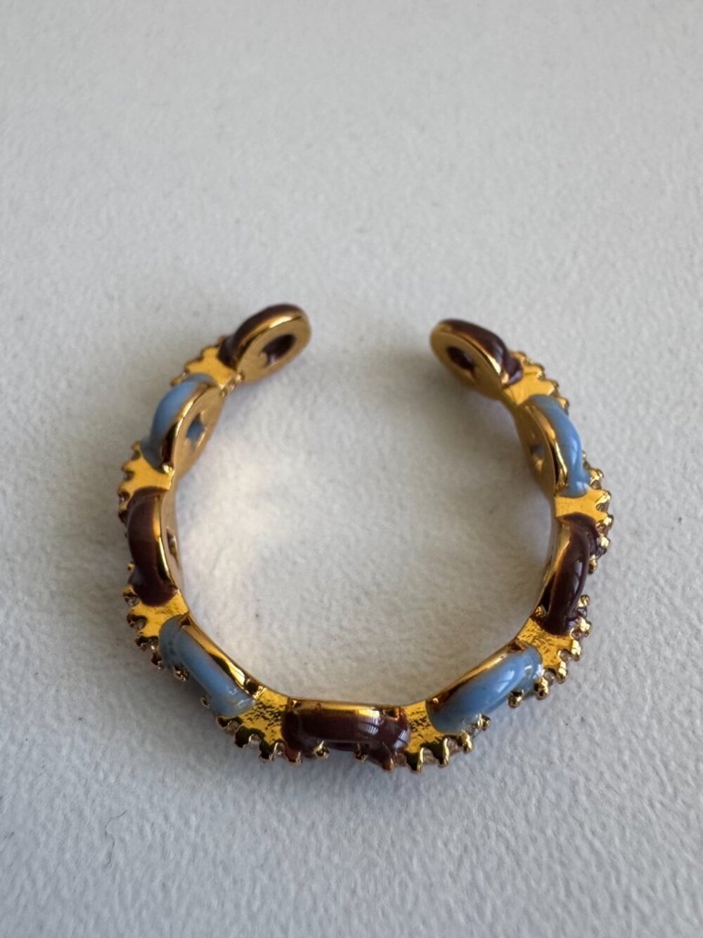 925 Sterling Silver Gold Plated Enamel Ring w/ Zirconia Open Adjustable Dainty - Picture 6 of 6